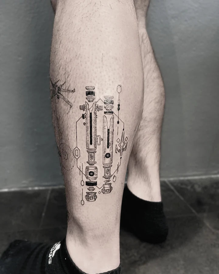 Deconstructed Ahsoka lightsaber artwork tattooed on a calf