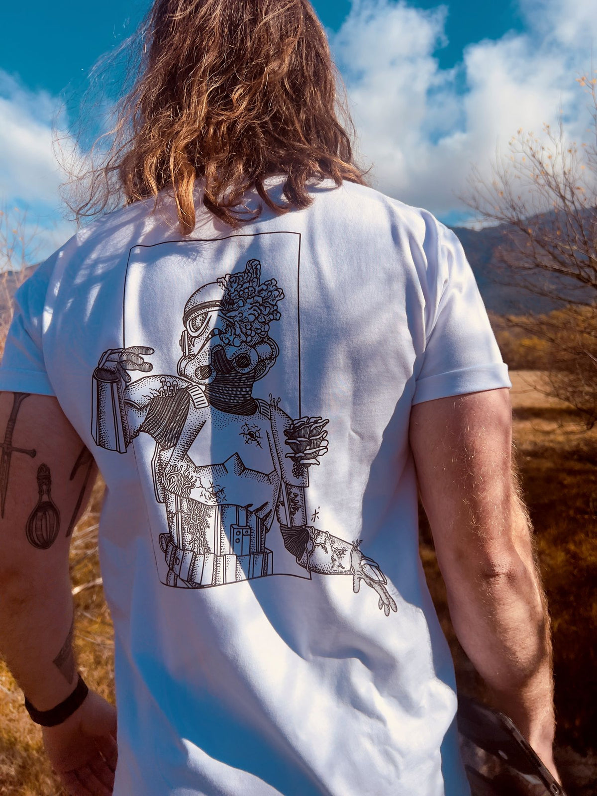 Infected Trooper illustration on the back of the white shirt