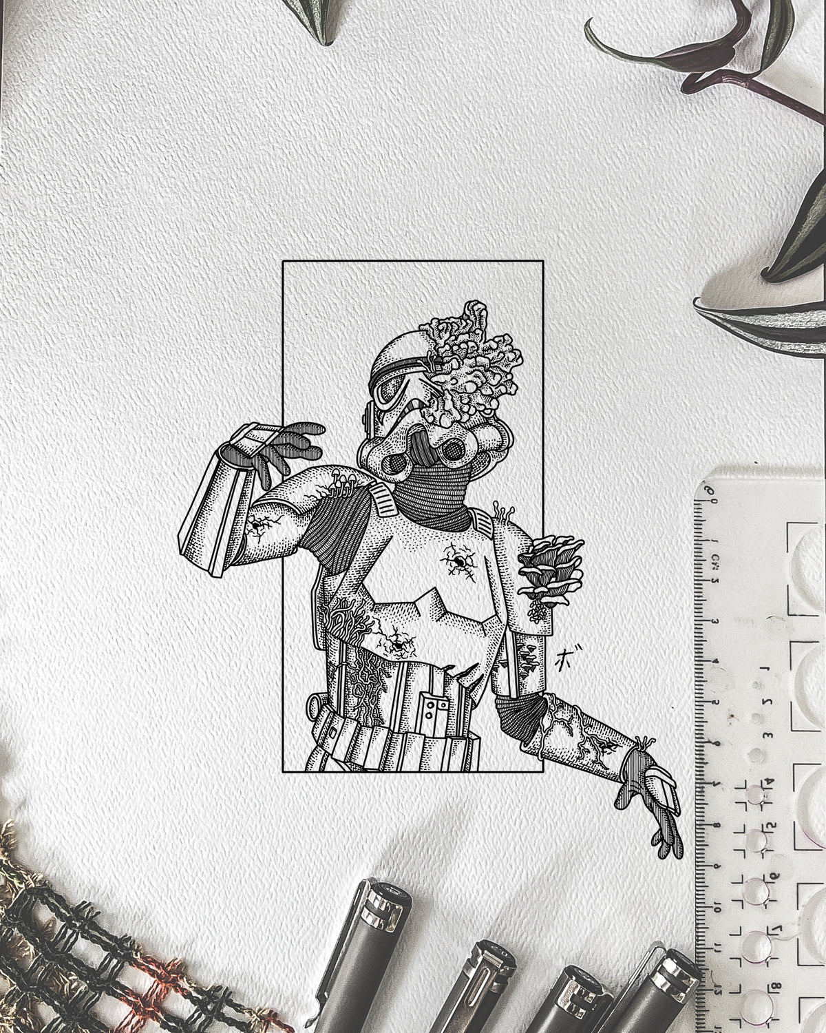 Beau’s hand-drawn Infected Trooper artwork with fine-line armour and Cordyceps growth