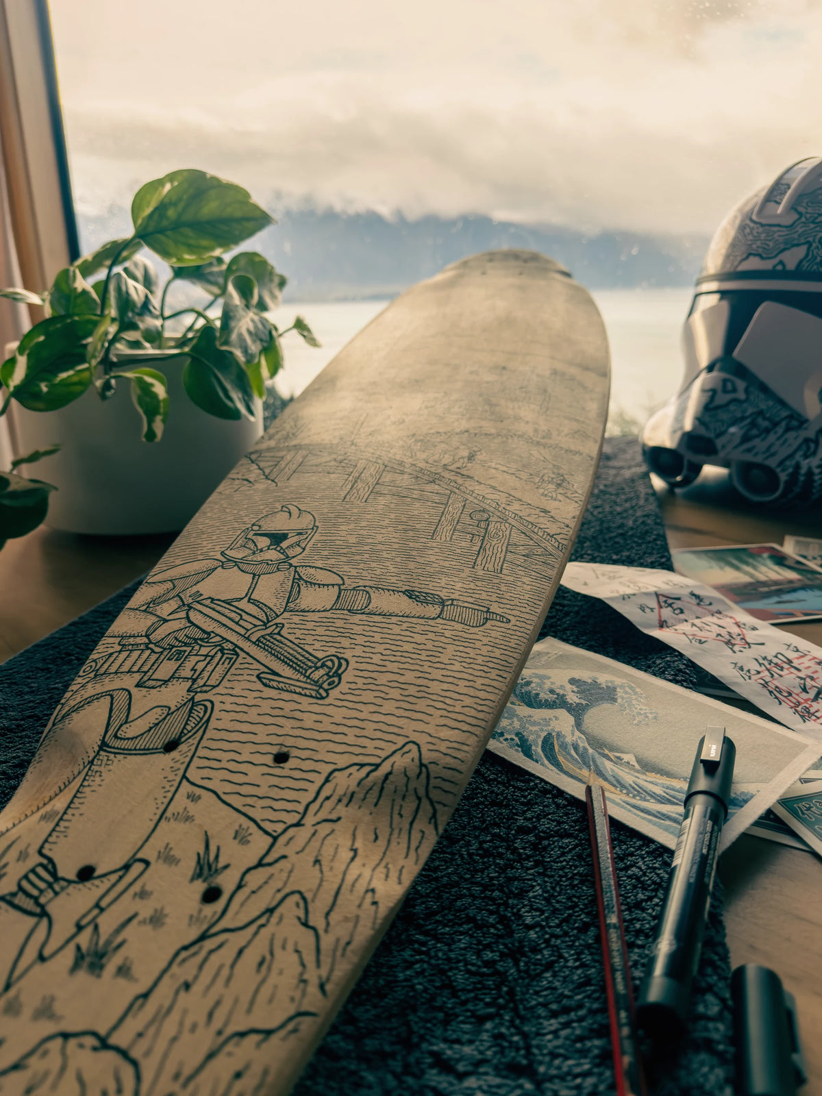 Artwork on an illustrated longboard