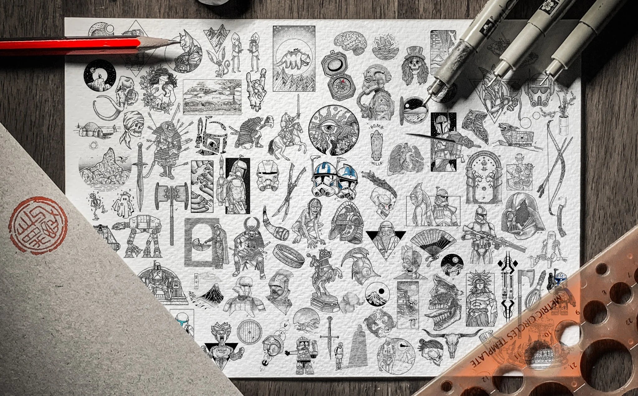 A broad collection of Beau’s illustrations surrounded by drawing tools